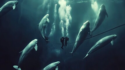 Divers filming beluga whales underwater in a deep ocean environment