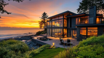 Obraz premium Modern oceanfront house at sunset.