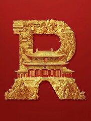 A series of golden illustrations of famous Chinese architecture form the shape of the letter R, with a pure red background, fine texture, more details, and realism 