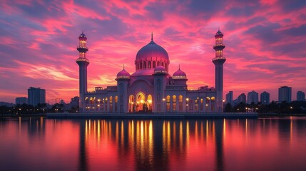 Illuminated mosque reflected in calm water at sunset, vibrant pink and purple sky.