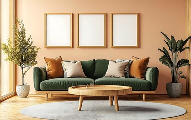 Fototapeta premium Modern living room interior with green velvet sofa, wooden coffee table, and three blank frames on peach wall.