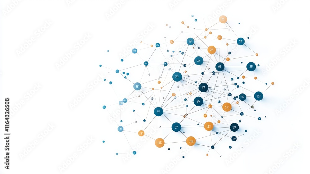 Poster abstract network connection visualization with colorful nodes, representing data exchange and techno