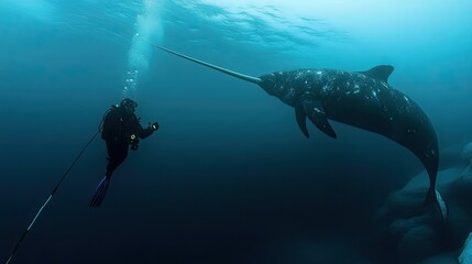 Diver encounters a narwhal in deep ocean waters