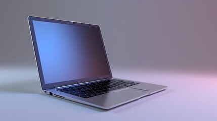 A laptop with a blue screen is open on a table. The laptop is turned off and the screen is black