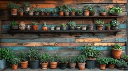 Fototapeta premium A vibrant display of potted plants arranged on wooden shelves against a rustic wall.
