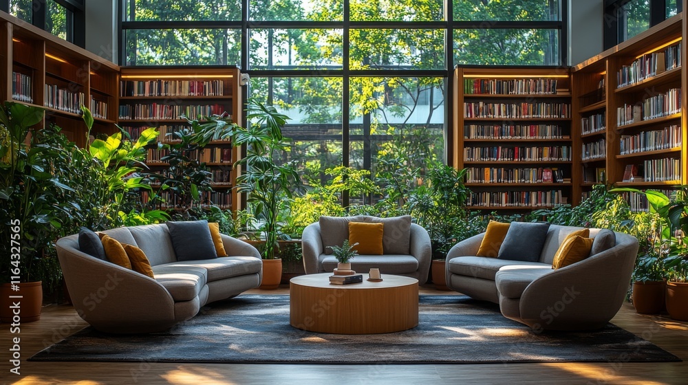 Poster softly lit reading area features plush sofas, a round coffee table, and lush plants, creating a tran