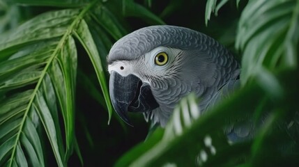 Fototapeta premium Gray parrot peeking through lush green leaves in a tropical setting