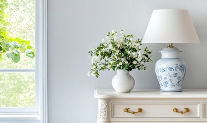 Elegant decorative sideboard with lamp and floral arrangement in bright interior setting