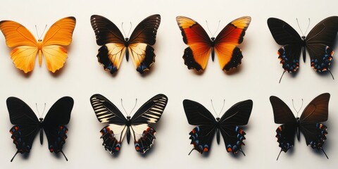 Fototapeta premium A group of colorful butterflies perched on a white surface, showcasing their beauty and diversity