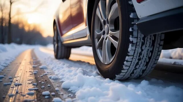 Close-up of tires struggling to maintain traction on a slick ice surface