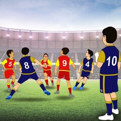 Obraz premium Children wearing sports uniforms play soccer on a lush green field, surrounded by a stadium filled with spectators. Their active, dynamic positions suggest intense focus on the game.