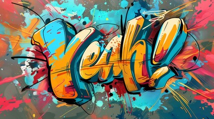 A colorful graffiti of the word "Yah!" with a splash of paint. The word is written in a bold and colorful font, with the letters "Yah" in blue and "ah" in orange