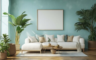 Modern living room interior with white sectional sofa, tropical plants, and blank frame on teal wall.
