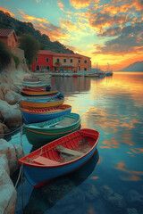 Obraz premium Photo réaliste professionnelle d’un petit port de pêche avec des bateaux colorés amarrés le long du quai, des pêcheurs réparant des filets, et une mer calme reflétant le ciel
