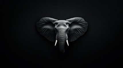   An image of an elephant's head in black and white with tusks protruding from its ears