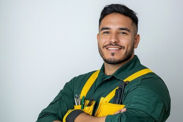 Skilled worker smiles confidently while posing in green uniform with tools during indoor studio session