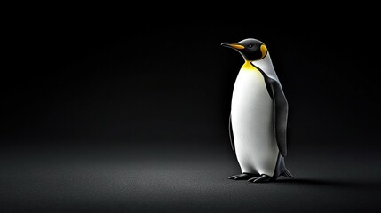 Naklejka premium A penguin stands in darkness with eyes closed and head turned to the side