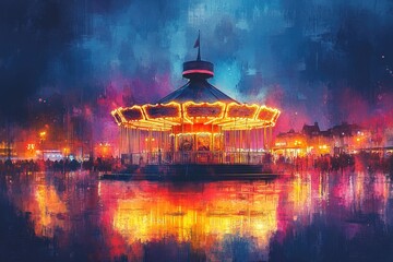 Obraz premium A colorful carousel in the heart of the city at night