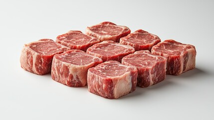 Fototapeta premium A display of neatly arranged beef cuts on a white background.
