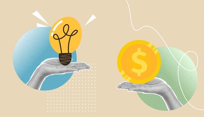 Collage on the theme of idea. An idea for a successful business. A win-win strategy plan. The team comes up with a plan of action. business plan. collage. work. office. light bulb. idea.