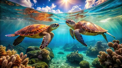 Fototapeta premium Two Sea Turtles Swimming in Clear Ocean Water - Underwater Marine Life, Ocean Conservation, Aquatic Beauty, Nature Photography, Wildlife, Endangered
