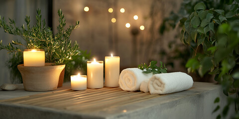 Spa Candles with Rolled Towels and Green Plants