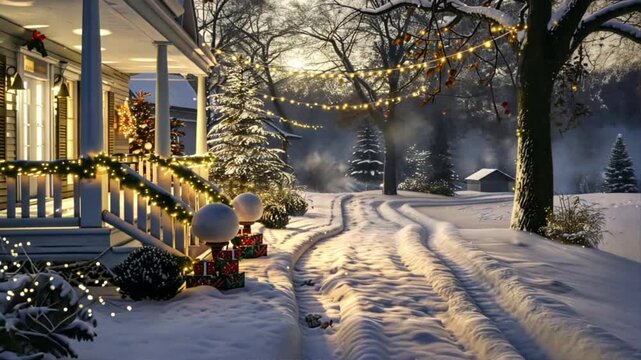 Cozy winter evening with snow covered pathway leading to charming house adorned with festive lights and decorations, creating serene atmosphere perfect for holiday season.