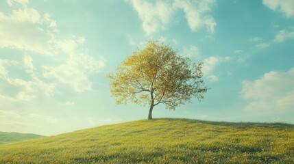 Fototapeta premium Green grass field lawn with tree and yellow sunlight against blue sky. Green Meadows Beautiful Journey Through Nature Great as a background, web banner