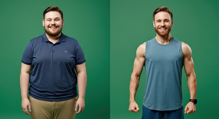 Transformation journey: young caucasian male fitness before and after weight loss on green background