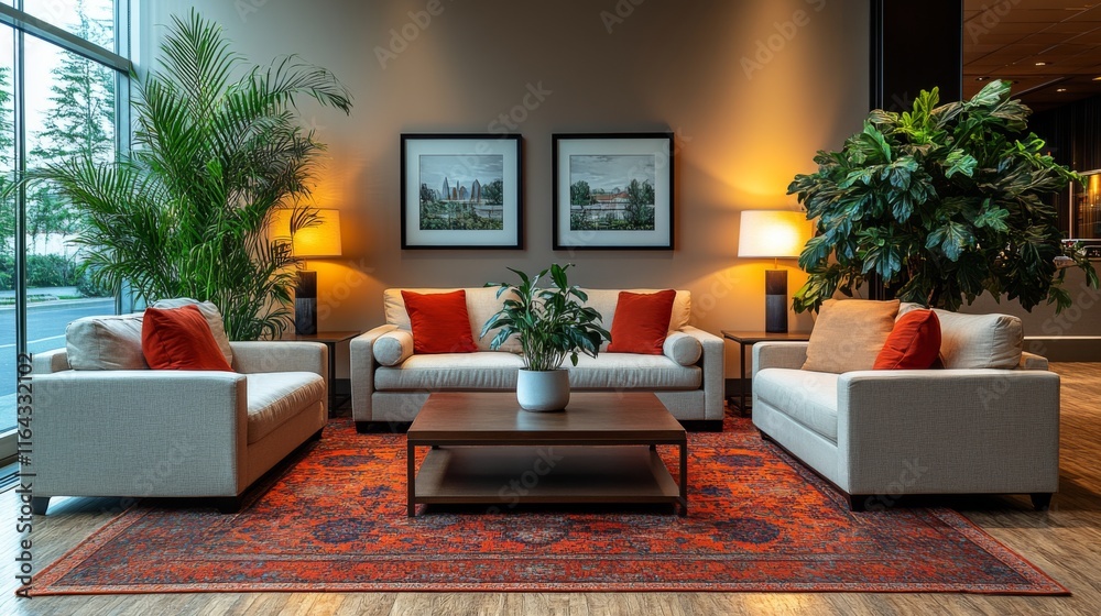 Poster this inviting lounge area features comfortable sofas adorned with orange cushions, a central coffee 