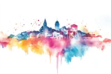 Watercolor painting of a city skyline with buildings and skyscrapers at sunset