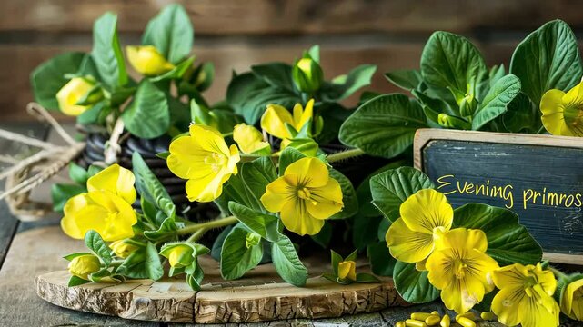 Evening primrose flowers and supplement capsules. Selective focus. nature.