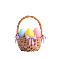 A woven basket filled with colorful Easter eggs, adorned with purple ribbons.