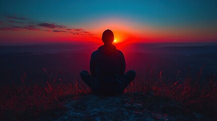 Obraz premium Person atop hill, gazing at sunset's hues of red and blue against backdrop of distant sky