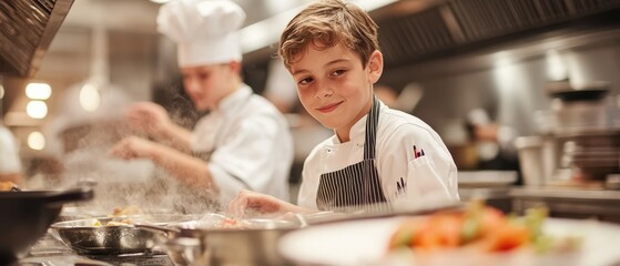 A young boy in a chef's hat is smiling as he prepares food in a kitchen