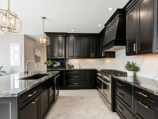 Modern Black Kitchen with Granite Countertops and Gold Accents