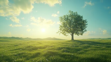 Fototapeta premium Green grass field lawn with tree and yellow sunlight against blue sky. Green Meadows Beautiful Journey Through Nature Great as a background, web banner