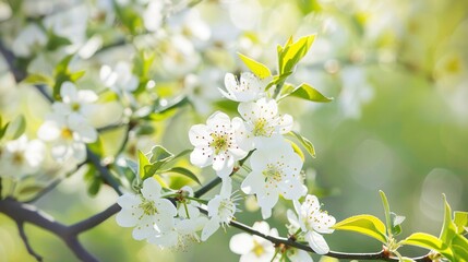 Obraz premium A white-flowered tree branch with green foliage in the foreground and a soft background