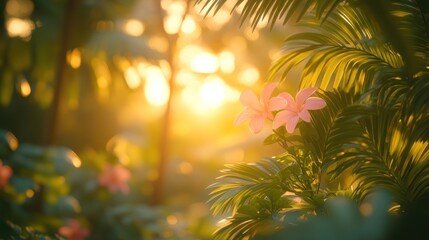 Pink flowers backlit by sunset in lush tropical foliage.