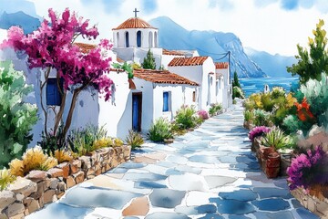 Colorful watercolor illustration of a street scene with a church visible in the distance