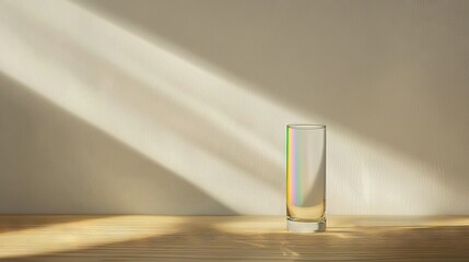   A glass rests atop a wooden table, casting a lengthy shadow against a white background