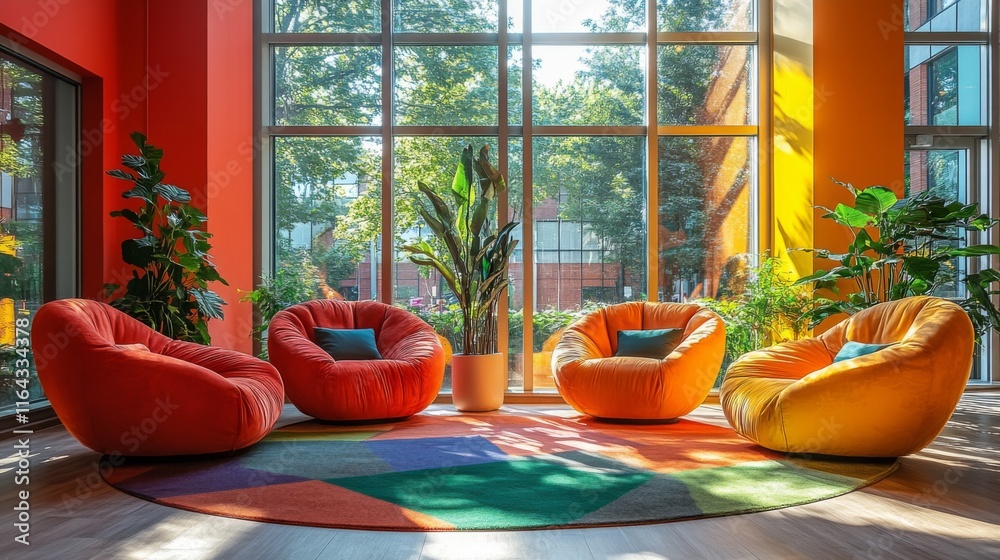 Poster a bright and inviting seating area features orange and yellow bean bags arranged around a colorful r