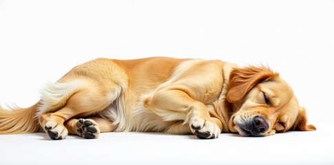 Golden retriever sleeping, belly up, pure white backdrop, fluffy, background, canine