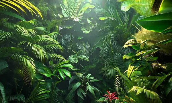 Lush green tropical rainforest with vibrant foliage and sunlight.