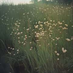 Serene Marshland Wildflowers Scene,  Blooming Flowers in Green Marsh