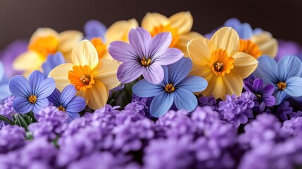 Obraz premium Close-up of colorful spring flowers, daffodils and purple blooms.
