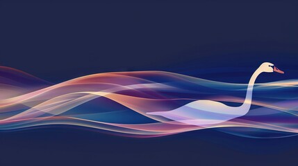   White swan on blue-black water, pink-blue waves in background