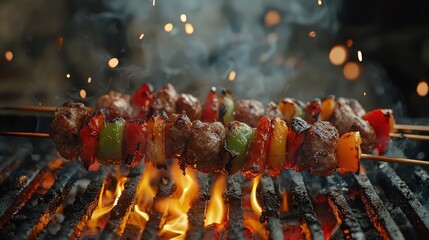 Delicious Grilled Kebabs: Juicy Meat and Colorful Peppers Sizzling on a Hot Grill