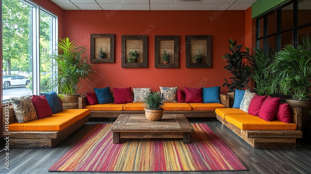 Poster Soft orange couches complement colorful cushions, creating a welcoming atmosphere in a stylish lounge area featuring greenery and natural elements.