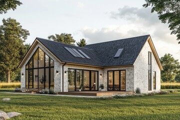 Obraz premium Modern house design in a serene natural setting with large windows and a stylish exterior